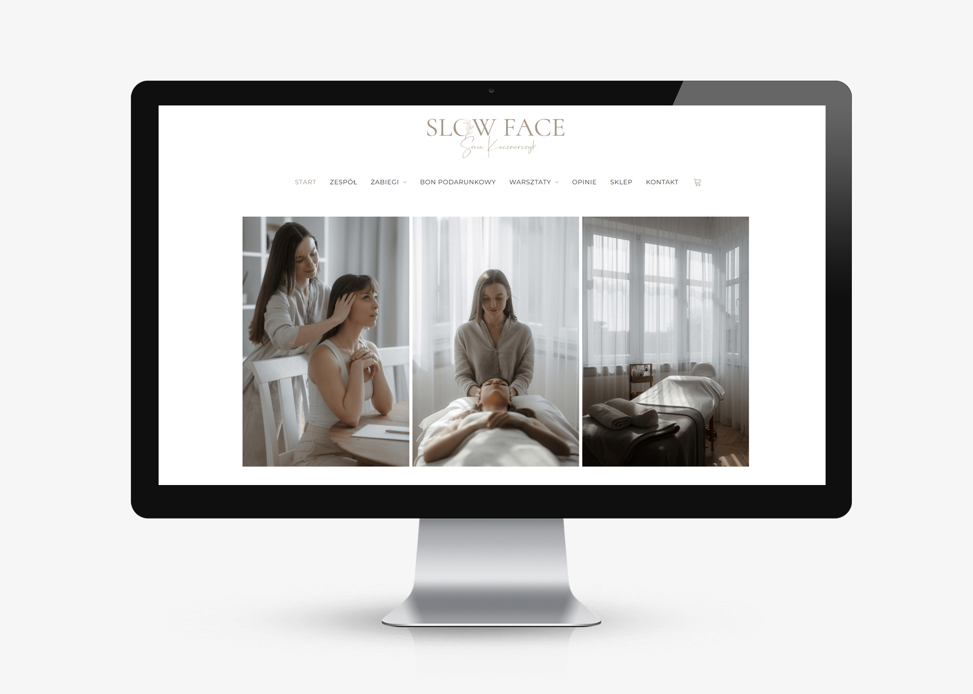 Strona www w minimalistycznym stylu dla gabinetu masaży twarzy i ciała, strona internetowa dla kobiecego biznesu, kobieca marka osobista